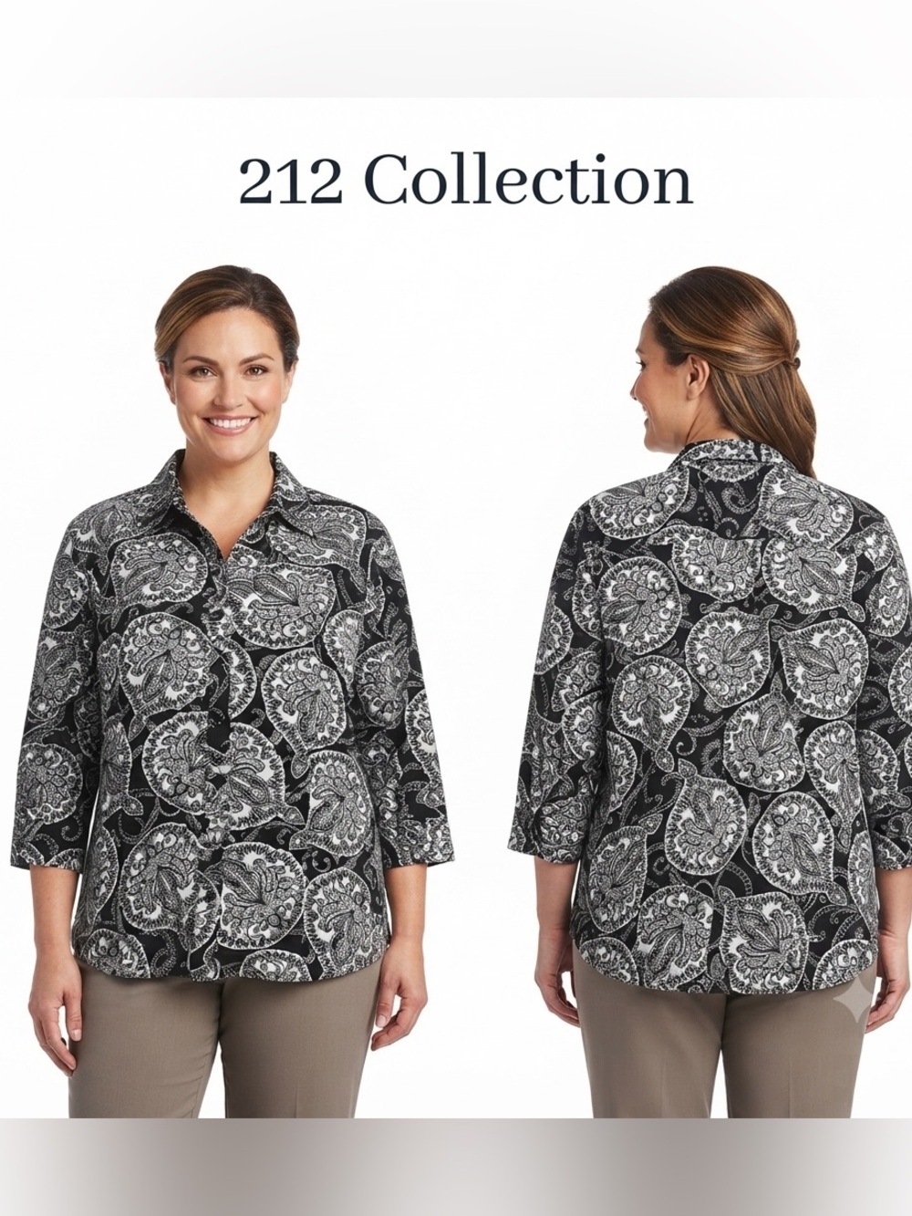 212 Collection Black White Paisley Button Up 3/4 Sleeve Blouse Extra Large